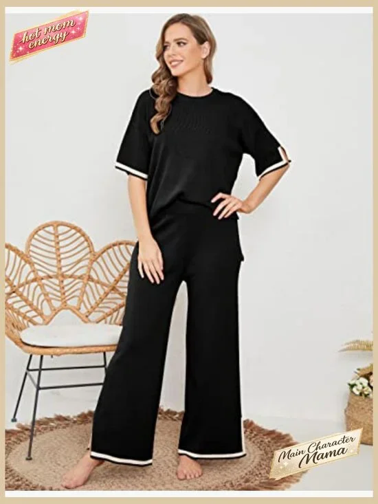 Knit Lounge Set Short Sleeve Pullover Elastic Waist Wide Leg Pants Y2K - Picture 4 of 7